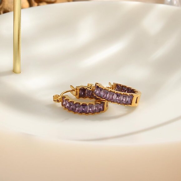 Purple Zircon Huggie Hoop Earrings 18K Gold Plated Stainless Steel Women’s Jewel - Picture 2 of 9